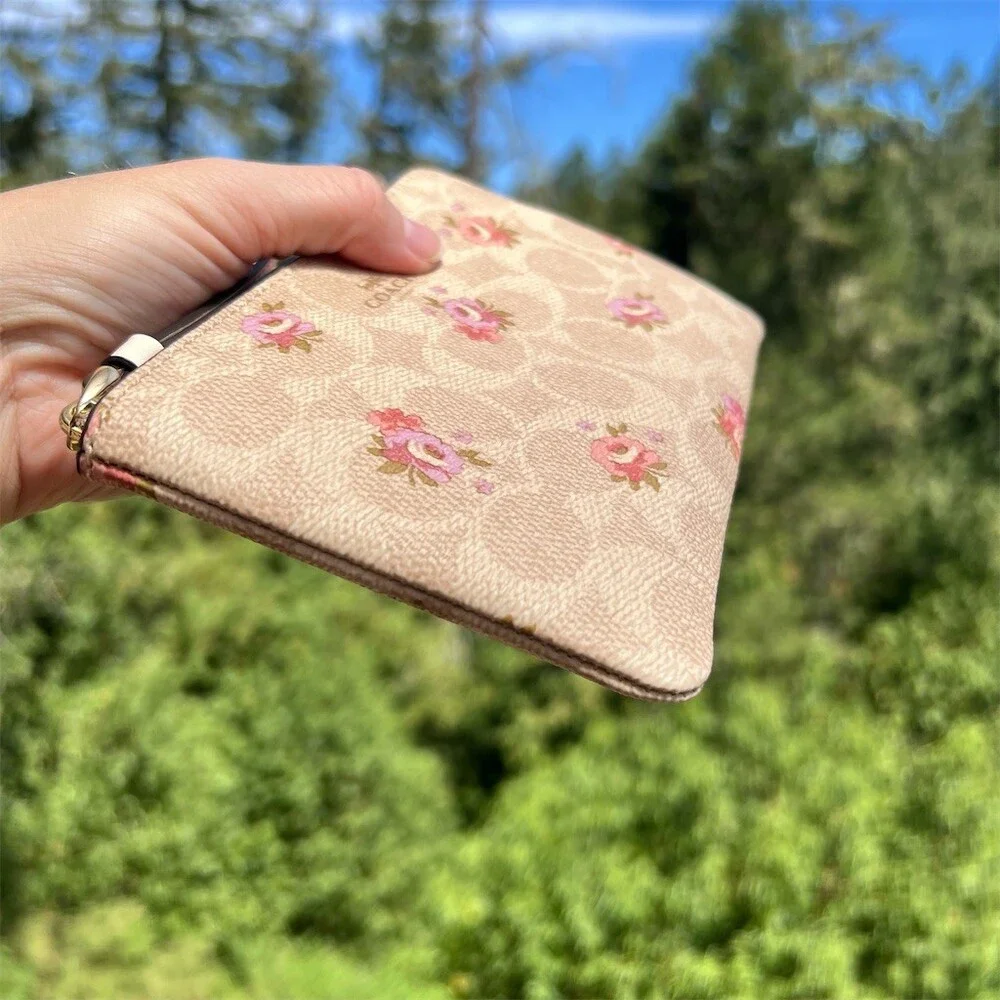 COACH Signature Chalk/Sand Multi Wristlet Wallet Floral Print Gold Hardware NWT